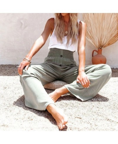 S-3XL 7Colors Elastic High Button Waist Wide Leg Pants Casual Solid Cotton Linen Woman Summer Office Travel Daily Trousers $2...