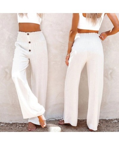 S-3XL 7Colors Elastic High Button Waist Wide Leg Pants Casual Solid Cotton Linen Woman Summer Office Travel Daily Trousers $2...