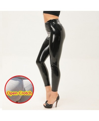 Woman Flash Leather Open Crotch Leggings Sexy Outdoor Sex High Panties PU Skinny Crotchless Pants Hidden Zippers Club Dancewe...