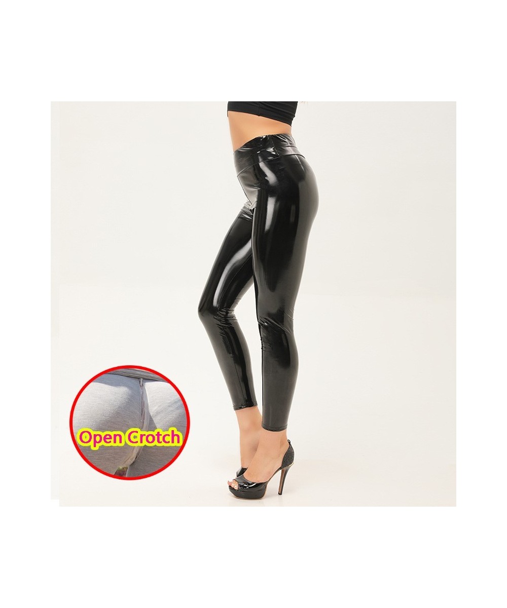 Woman Flash Leather Open Crotch Leggings Sexy Outdoor Sex High Panties PU Skinny Crotchless Pants Hidden Zippers Club Dancewe...