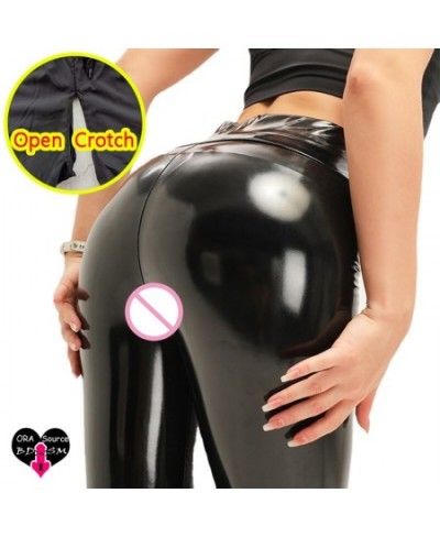 Woman Flash Leather Open Crotch Leggings Sexy Outdoor Sex High Panties PU Skinny Crotchless Pants Hidden Zippers Club Dancewe...