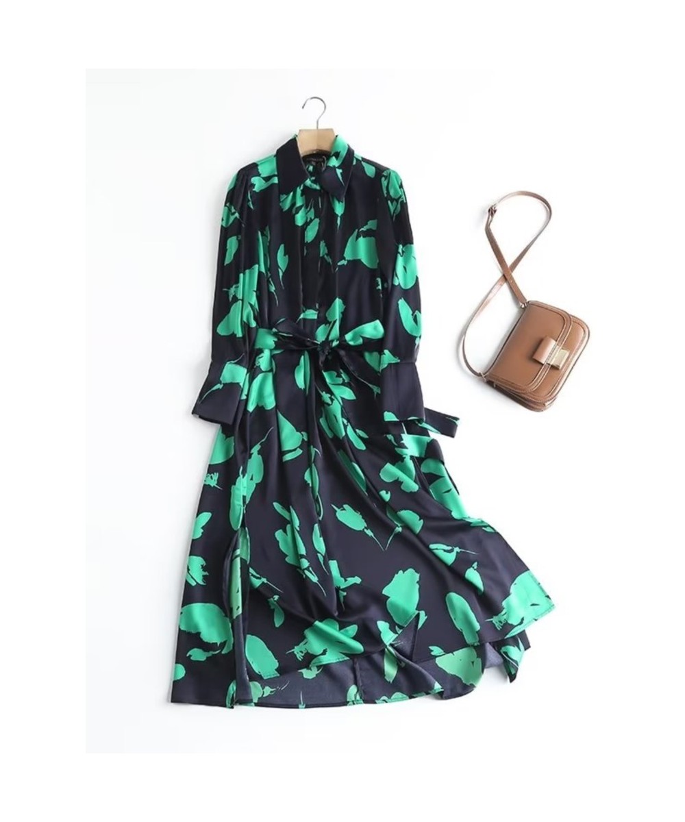 Summer Printed Women Casual Shirt Robe Dress With Belt Long Sleeve Vents Side Retro Female Midi Dresses $55.63 - Dresses