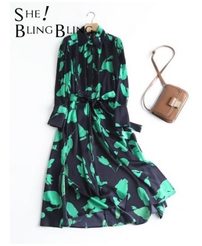 Summer Printed Women Casual Shirt Robe Dress With Belt Long Sleeve Vents Side Retro Female Midi Dresses $55.63 - Dresses