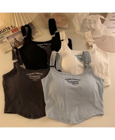 New Y2K Tops Embroidery Letter Knitted Short Tops With Bra Pad Sexy Slim Stripe Tops Shoulder Belt Iron Ring Vest Street $20....