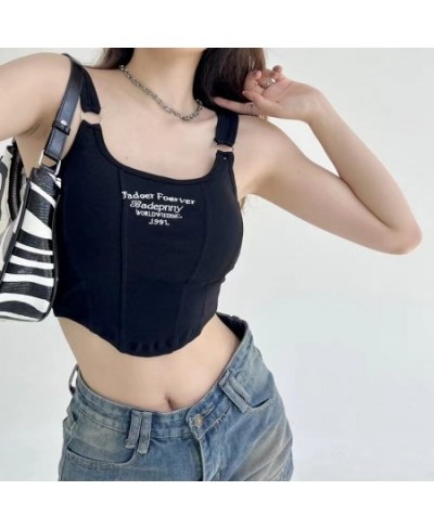 New Y2K Tops Embroidery Letter Knitted Short Tops With Bra Pad Sexy Slim Stripe Tops Shoulder Belt Iron Ring Vest Street $20....