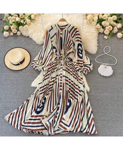 Chiffon Floral Printing Boho Dress Woman Puff Sleeve Lace-up High Waist Midi Pleated Dresses Women Beach Clothes $49.65 - Dre...