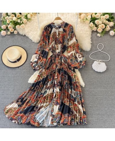 Chiffon Floral Printing Boho Dress Woman Puff Sleeve Lace-up High Waist Midi Pleated Dresses Women Beach Clothes $49.65 - Dre...