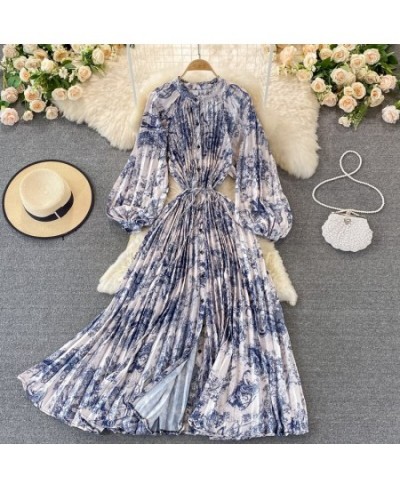 Chiffon Floral Printing Boho Dress Woman Puff Sleeve Lace-up High Waist Midi Pleated Dresses Women Beach Clothes $49.65 - Dre...