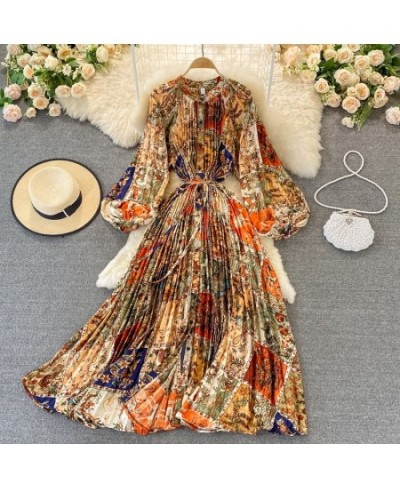 Chiffon Floral Printing Boho Dress Woman Puff Sleeve Lace-up High Waist Midi Pleated Dresses Women Beach Clothes $49.65 - Dre...