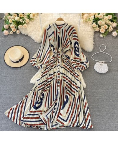 Chiffon Floral Printing Boho Dress Woman Puff Sleeve Lace-up High Waist Midi Pleated Dresses Women Beach Clothes $49.65 - Dre...