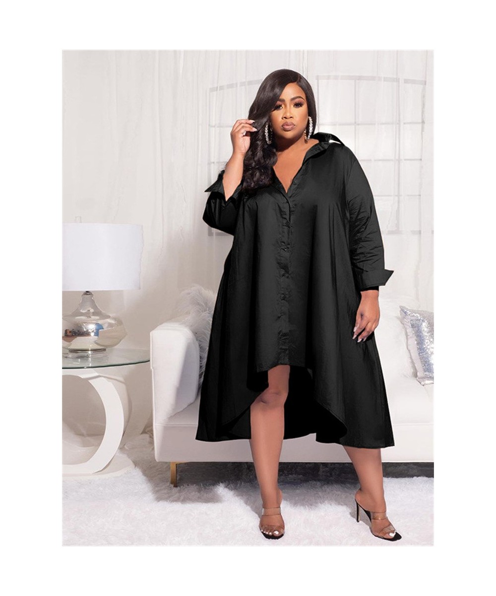 Plus Size Shirt Dresses Women Clothing Casual Loose Big Swing Midi Dress Fashion Wholesale Without Belt $42.21 - Plus Size Cl...