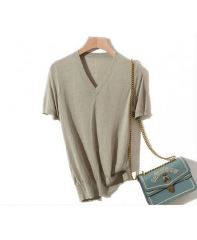 55% silk 45% Linen o-neck V-neck thin shinning women summer pullovers short sleeve thin knitting sweater DGYS28 $91.22 - Swea...