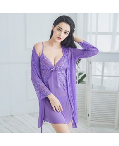 Silk Robes for Women 3 Piece Set Sexy Pajamas Bathrobe Nigthgowns and Underpants Pajama Sets for Women Thin Lace Bow Sleepwea...