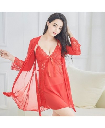 Silk Robes for Women 3 Piece Set Sexy Pajamas Bathrobe Nigthgowns and Underpants Pajama Sets for Women Thin Lace Bow Sleepwea...