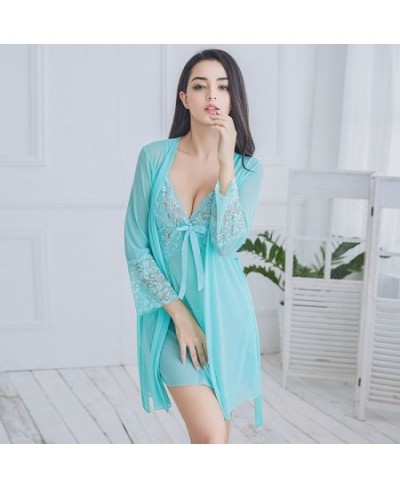 Silk Robes for Women 3 Piece Set Sexy Pajamas Bathrobe Nigthgowns and Underpants Pajama Sets for Women Thin Lace Bow Sleepwea...