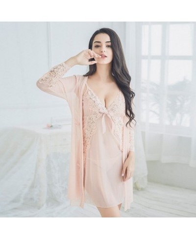 Silk Robes for Women 3 Piece Set Sexy Pajamas Bathrobe Nigthgowns and Underpants Pajama Sets for Women Thin Lace Bow Sleepwea...