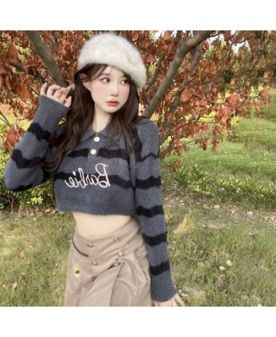 Women Stripe Mink Fur SweaterTurn-down Collar Long Sleeve Pullover Sweater Autumn Winter Tops $31.24 - Sweaters