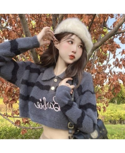 Women Stripe Mink Fur SweaterTurn-down Collar Long Sleeve Pullover Sweater Autumn Winter Tops $31.24 - Sweaters