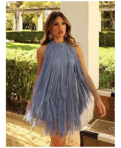 Women Halter Sleeveless Backless Tassel Solid A-line Mini Dresses Temperament High Waist Elegant Vestidos Summer Chic $49.80 ...