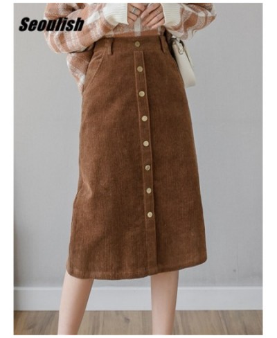 Autumn Winter Corduroy A-Line Skirts 2022 New Single Breasted Vintage High Waist Skater Midi Skirts Pockets Female $50.93 - S...