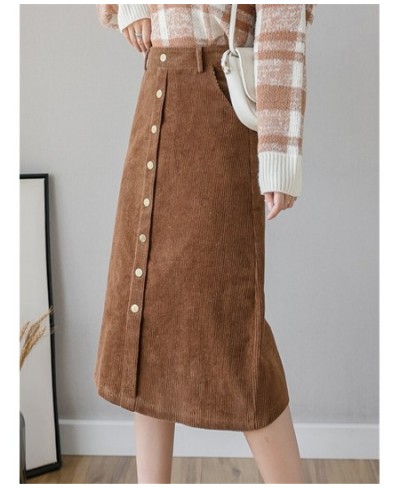 Autumn Winter Corduroy A-Line Skirts 2022 New Single Breasted Vintage High Waist Skater Midi Skirts Pockets Female $50.93 - S...