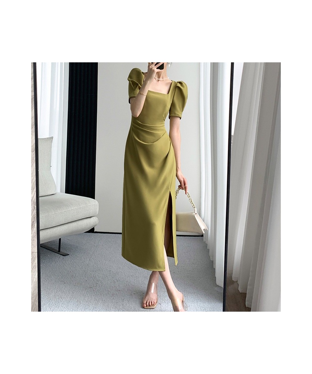 Green Elegant Chic Dress Women Korean Fashion Vintage Folds Design Split Casual Slim Square Collar Evening Party Dress Summer...