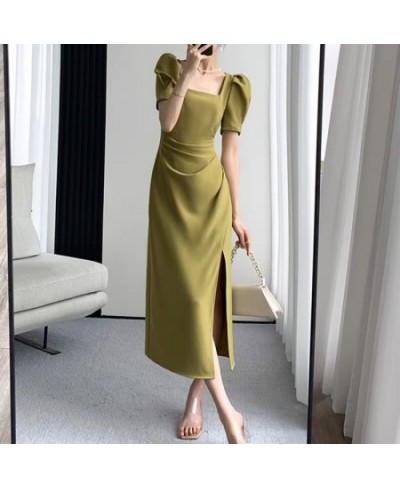 Green Elegant Chic Dress Women Korean Fashion Vintage Folds Design Split Casual Slim Square Collar Evening Party Dress Summer...