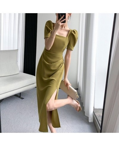 Green Elegant Chic Dress Women Korean Fashion Vintage Folds Design Split Casual Slim Square Collar Evening Party Dress Summer...