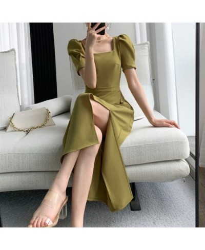 Green Elegant Chic Dress Women Korean Fashion Vintage Folds Design Split Casual Slim Square Collar Evening Party Dress Summer...