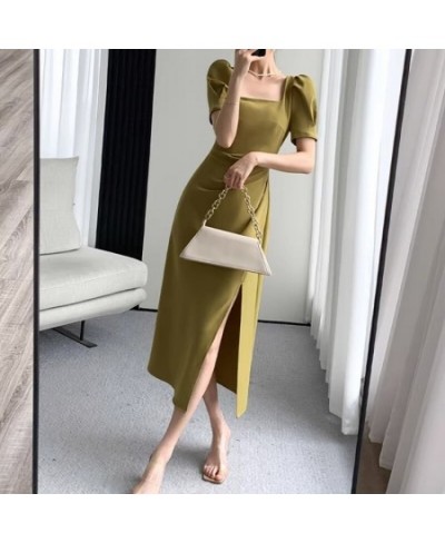 Green Elegant Chic Dress Women Korean Fashion Vintage Folds Design Split Casual Slim Square Collar Evening Party Dress Summer...