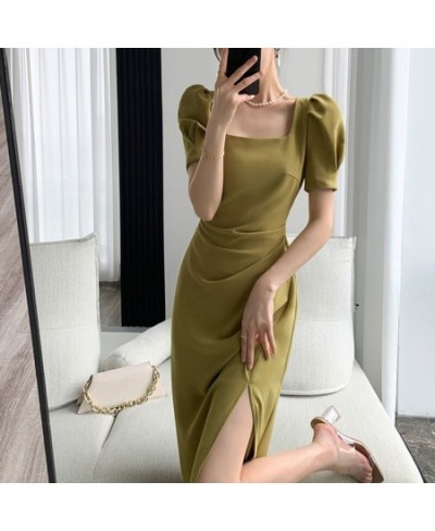 Green Elegant Chic Dress Women Korean Fashion Vintage Folds Design Split Casual Slim Square Collar Evening Party Dress Summer...