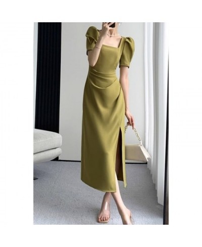 Green Elegant Chic Dress Women Korean Fashion Vintage Folds Design Split Casual Slim Square Collar Evening Party Dress Summer...