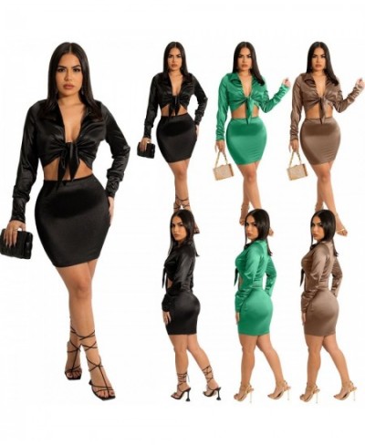 L296 Casual Elegant women 2 piece set Satin Silk Soft Solid Tigh Navel Long Sleeve Shirt & Skirt Office Sexy Women Outfits Ho...