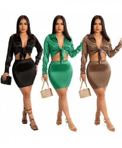 L296 Casual Elegant women 2 piece set Satin Silk Soft Solid Tigh Navel Long Sleeve Shirt & Skirt Office Sexy Women Outfits Ho...