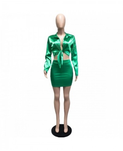 L296 Casual Elegant women 2 piece set Satin Silk Soft Solid Tigh Navel Long Sleeve Shirt & Skirt Office Sexy Women Outfits Ho...