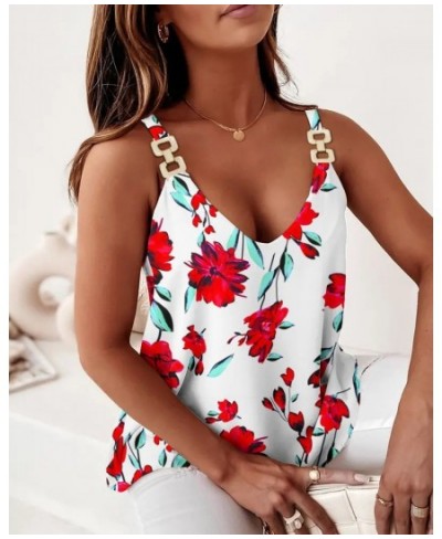 Women Summer Print Shirts All Match Basic Loose Sling Blouse Slim Fit Sleeveless Pullover Blusa Chain Straps Vest Tops Female...