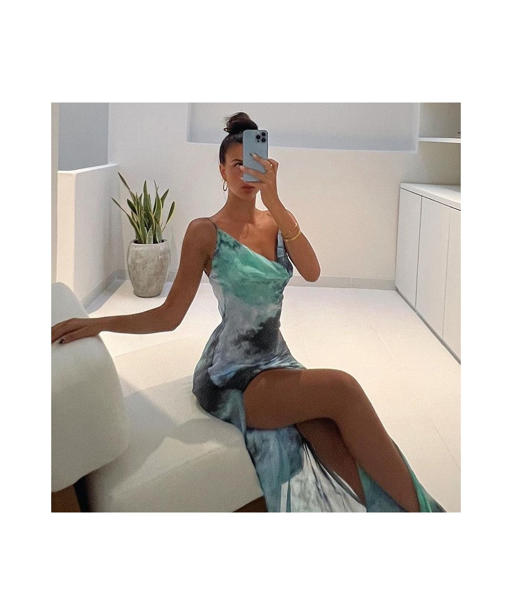 Mesh Print Maxi Dress Women Sexy See Through Backless Beach Dress Bodycon Spaghetti Strap Long Evening Party Dress Blue 2023 ...