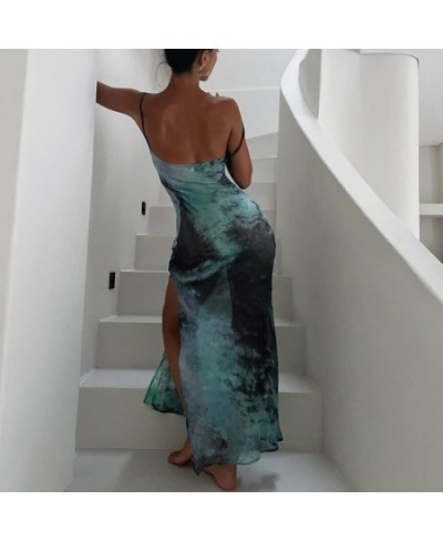 Mesh Print Maxi Dress Women Sexy See Through Backless Beach Dress Bodycon Spaghetti Strap Long Evening Party Dress Blue 2023 ...