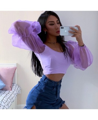 2023 Puff Sleeve Spring Mesh Spliced Blouses Women Tops And Blouses Sexy Vintage Shirt Women Crop Top 4 colors $25.33 - Blous...