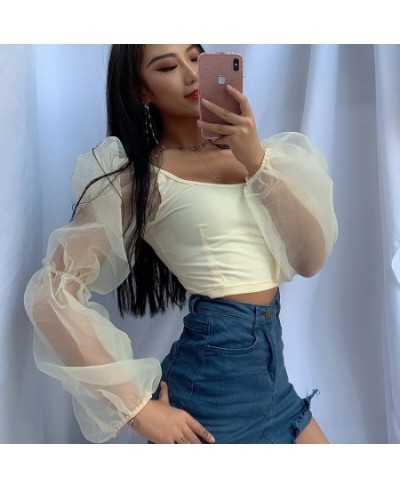 2023 Puff Sleeve Spring Mesh Spliced Blouses Women Tops And Blouses Sexy Vintage Shirt Women Crop Top 4 colors $25.33 - Blous...