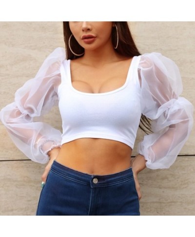 2023 Puff Sleeve Spring Mesh Spliced Blouses Women Tops And Blouses Sexy Vintage Shirt Women Crop Top 4 colors $25.33 - Blous...