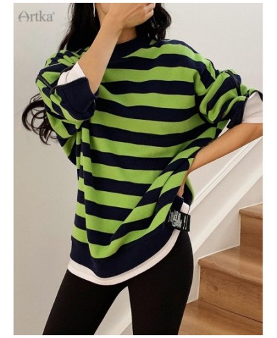 2023 Spring New Fashion Casual Fake Two Pieces Pullover O-Neck Sweatshirt Stripe Long Sleeve Sweatshirts Female A22VA016Q $10...