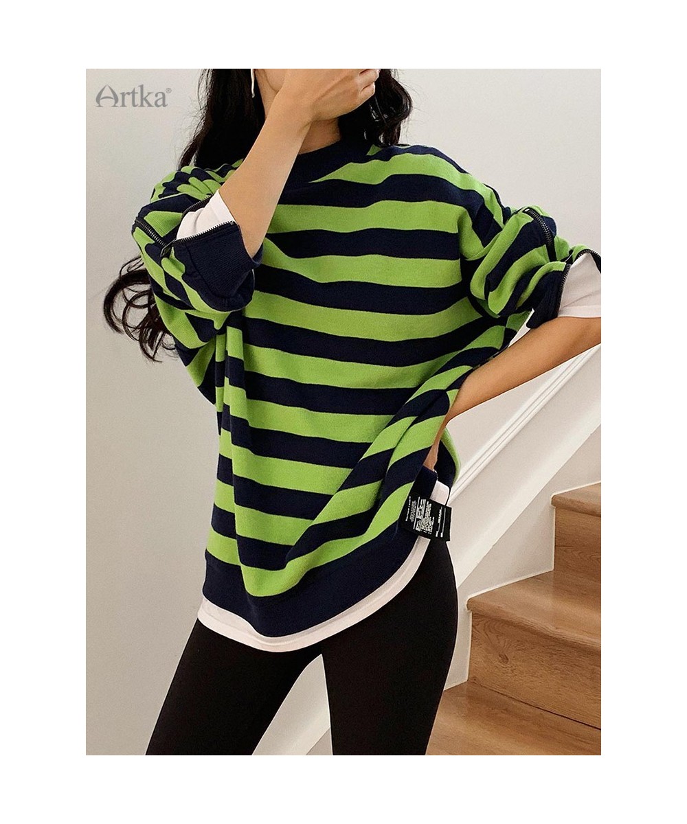 2023 Spring New Fashion Casual Fake Two Pieces Pullover O-Neck Sweatshirt Stripe Long Sleeve Sweatshirts Female A22VA016Q $10...