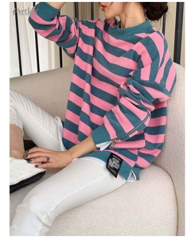 2023 Spring New Fashion Casual Fake Two Pieces Pullover O-Neck Sweatshirt Stripe Long Sleeve Sweatshirts Female A22VA016Q $10...