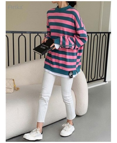 2023 Spring New Fashion Casual Fake Two Pieces Pullover O-Neck Sweatshirt Stripe Long Sleeve Sweatshirts Female A22VA016Q $10...