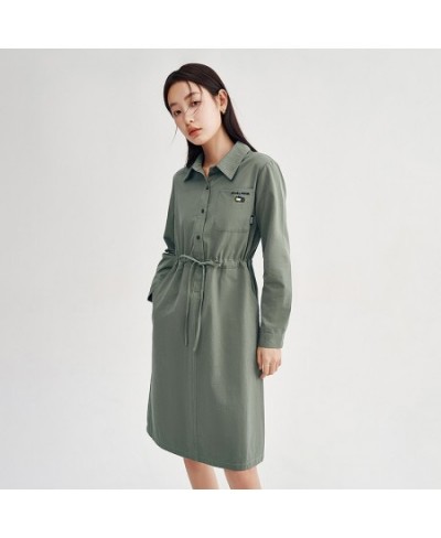 Women Dress 2023 Spring Long Sleeves Polo Neck A-shape Drawstring Waist Embroidery Casual Chic Mid-length Skirt $74.47 - Dresses