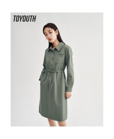 Women Dress 2023 Spring Long Sleeves Polo Neck A-shape Drawstring Waist Embroidery Casual Chic Mid-length Skirt $74.47 - Dresses