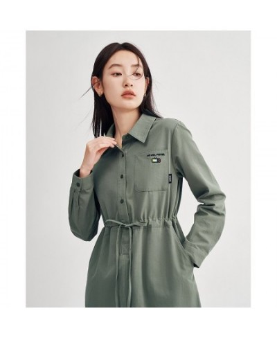 Women Dress 2023 Spring Long Sleeves Polo Neck A-shape Drawstring Waist Embroidery Casual Chic Mid-length Skirt $74.47 - Dresses