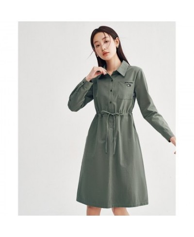 Women Dress 2023 Spring Long Sleeves Polo Neck A-shape Drawstring Waist Embroidery Casual Chic Mid-length Skirt $74.47 - Dresses