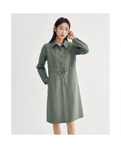 Women Dress 2023 Spring Long Sleeves Polo Neck A-shape Drawstring Waist Embroidery Casual Chic Mid-length Skirt $74.47 - Dresses